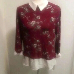 HELLY Floral Burgundy Mixed Fabric Top with Collar & Cuffed 3/4 Sleeves-XL